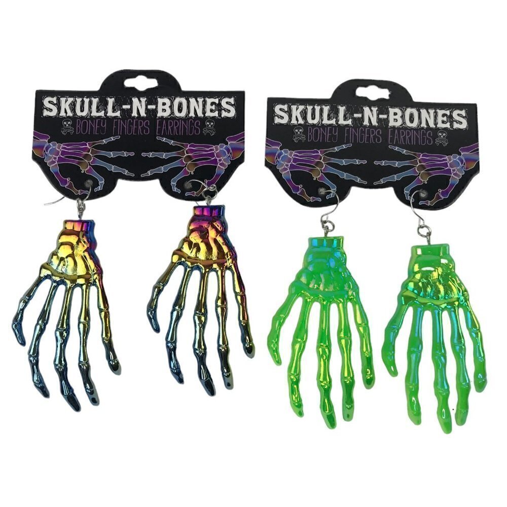 2 New Pair Skull N Bones Boney Fingers Dangle Earrings Hand Iridescent Halloween